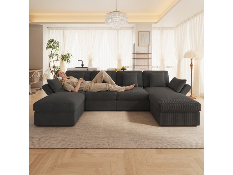 Canapé d’angle en u modulable 6 places 290 x 159,5 x 89 cm avec accoudoirs réglables, 2 poufs amovibles, velours côtelé - gris - Conforama C