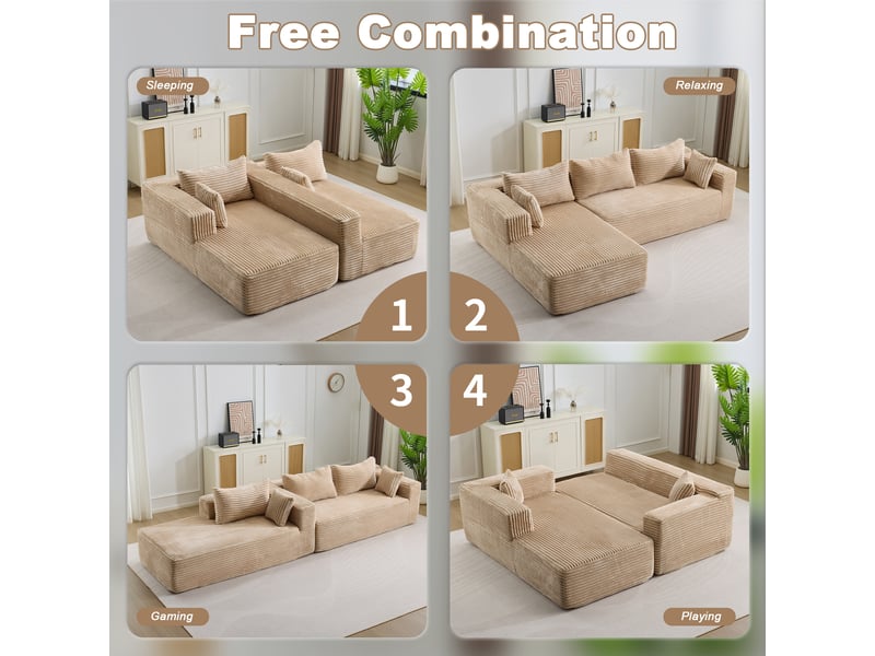 Canapé d’angle corda, beige, modulable, chaise longue, assise profonde, sans structure, velours côtelé - Conforama D