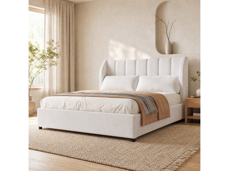  Lit double rembourré 140 x 200 cm avec sommier à lattes et 2 coussins beige  - Conforama B