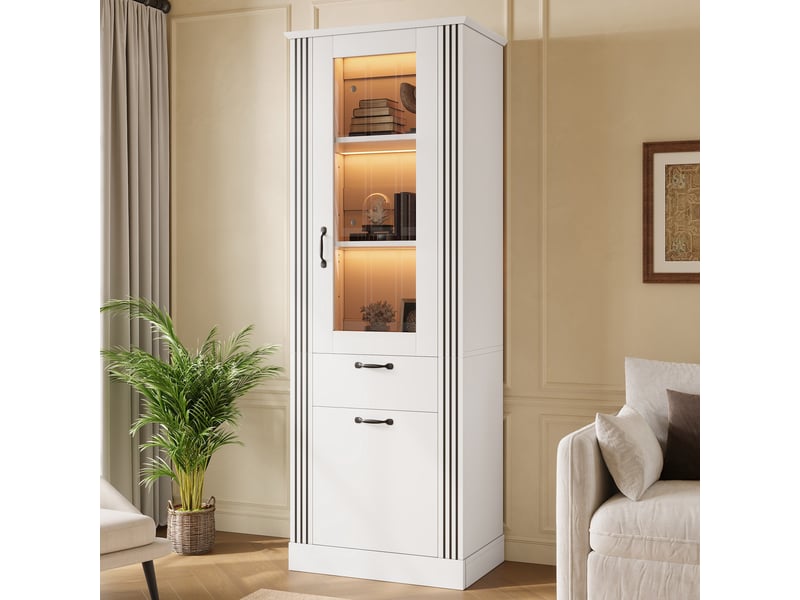  Vitrine haute 62x41x180 cm, éclairage led, commande par application, portes vitrées, porte miroir pour salon et séjour - blanc  - Conforama B