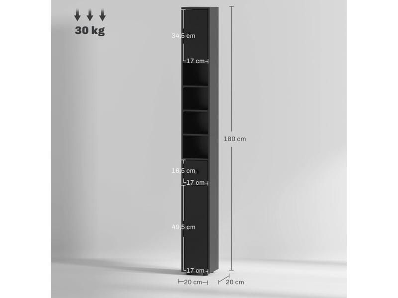  Meuble de salle de bains 180x20x20 cm avec 2 placards et 4 niches ouvertes en panneau de particules noir  - Conforama E