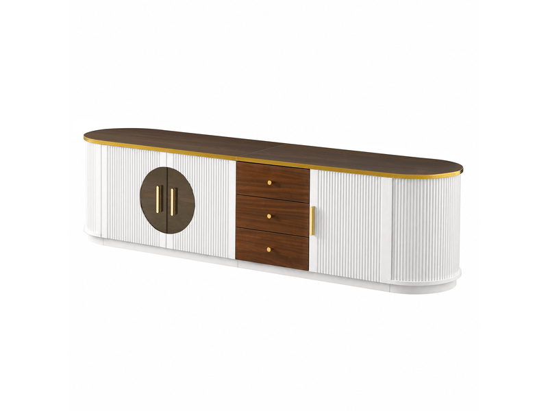  Meuble tv luxe rainuré vertical, verre brun, mdf noir, poignées alu, bords arrondis 180 cm  - Conforama E