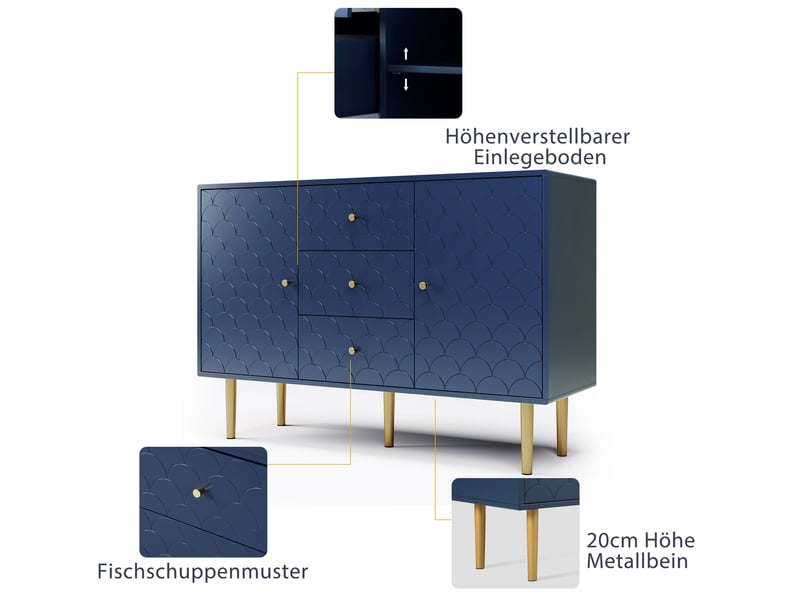  Buffet et enfilade avec 2 portes, 3 tiroirs et étagères réglables, pieds métal, bleu marine, 120 × 40 × 83 cm  - Conforama E