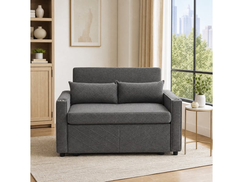 Canapé convertible 2 places 3 en 1 avec ports usb - fonction méridienne, structure en bois, tissu gris foncé - Conforama B