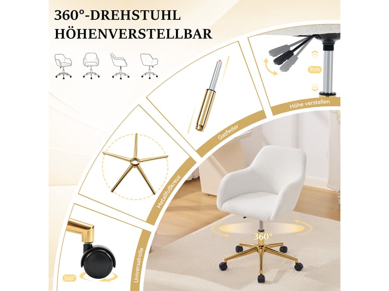  Chaise de bureau 58x63x86cm - hauteur réglable, pivotant 360° et roulettes universelles,base dorée - peluche - blanc  - Conforama E