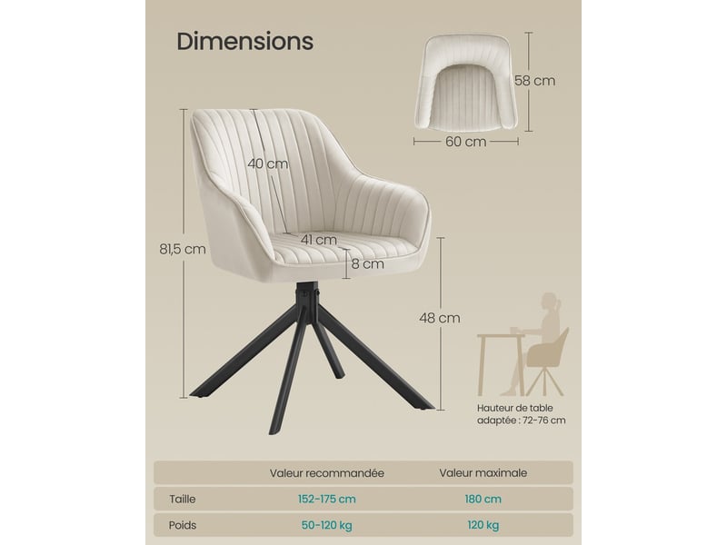  Chaise de salle à manger pivotante rembourrée confort 58 x 60 x 81,5 cm en velours marron caramel 12_0012205  - Conforama B