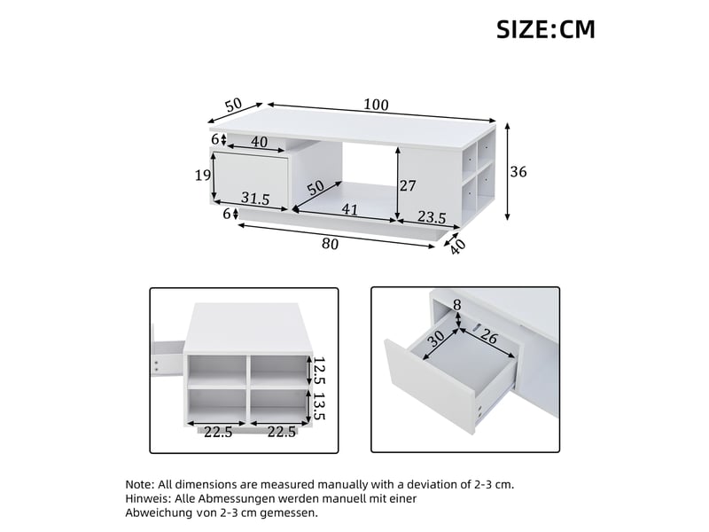  Table basse salon blanc brillant avec led, tiroir espace de rangement et 4 compartiments, 100x50x36cm  - Conforama C
