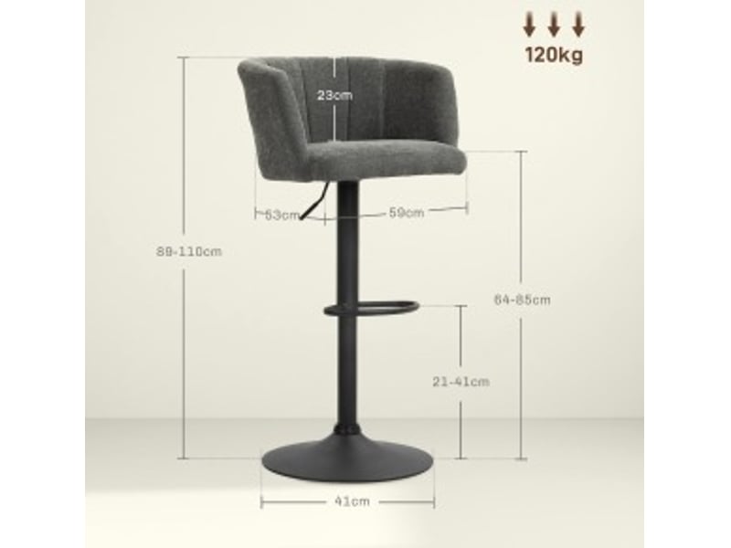  Tabouret de bar pivotant réglable avec repose-pieds, assise confortable et base métallique, polyester gris foncé  - Conforama C