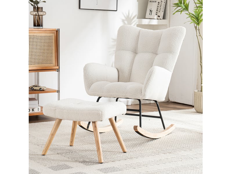  Fauteuil à bascule 64x94x92cm confortable et doux, cadre en bois d'hévéa, capacité 250 lb, blanc, revêtement teddy, avec repose-pieds  - Conforama E