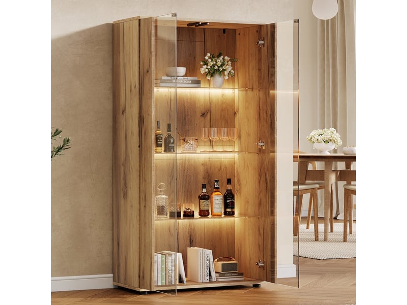 Vitrine d'exposition - 80x36x150.5cm - meuble vitrine avec 2 portes en verre, led rgb connectée &amp; 4 niveaux - bois naturel  - Conforama D