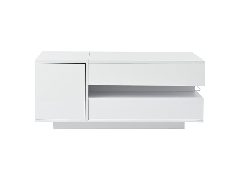  Table basse relevable 95 x 50 x 34,5 cm, table de salon, table d'appoint, table basse avec 1 tiroir et 1 placard, table console avec éclairage led, table basse laquée brillante avec rangement dissimulé et semi-ouvert, blanche  - Conforama E