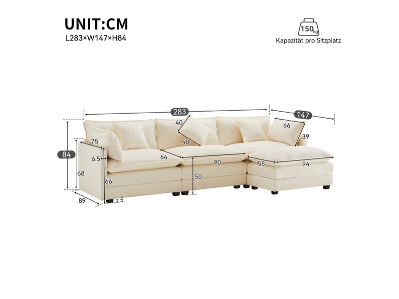  Canapé d'angle modenvie 3 places en chenille beige avec pouf mobile 283 x 147 x 84 cm  - Conforama C