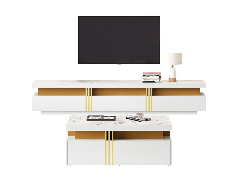  Ensemble meuble tv avec table basse 200 x 40 x 42 cm – blanc et doré – 3 tiroirs, style moderne chic  - Conforama A