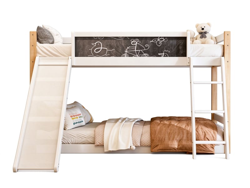  Lit superposé enfant 90 x 200 cm avec toboggan et escalier à trois marches, garde-corps autour du couchage supérieur, bois, blanc Morn Vibe - Conforama A