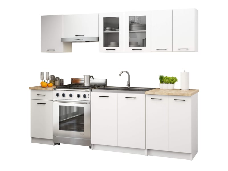 Ensemble de cuisine vitré akord oliwia 2.4m blanc 240 cm 11 portes 1 tiroir façade blanche 240x46x203 cm Oliwia 2.4M - Conforama A