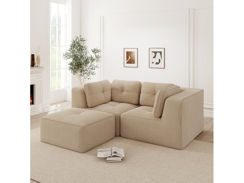 Canapé d'angle modulable 2 places avec repose-pieds mobile en velours côtelé beige - Conforama C