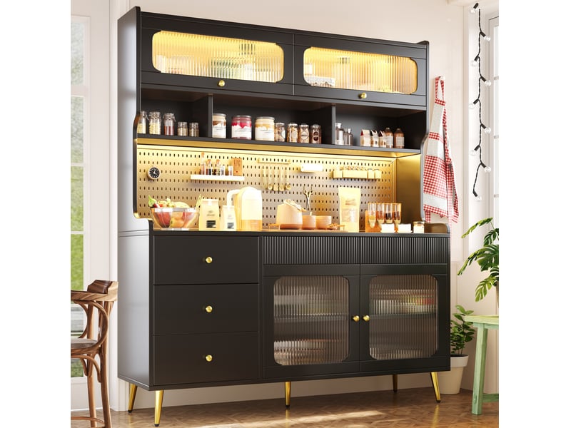 Buffet haut modenvie avec led rgb, 145 x 39 x 171 cm, mdf, métal et verre noir - Conforama B