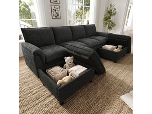 Canapé modulable panoramique ul 264,5x142,5x84 cm, canapé d'angle nuage à assise profonde, dossier haut, 2 poufs de rangement, tissu chenille, noir