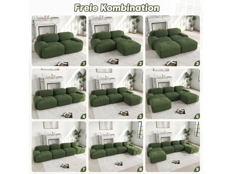 Canapé deux places en velours côtelé, canapé sans structure, modulable, avec accoudoirs incurvés et dessous antidérapant, vert - Conforama E