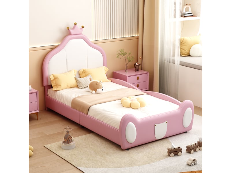  Lit enfant rembourré 90 x 200 cm avec tête de lit couronne, design bicolore, similicuir rose Fay Lum - Conforama E