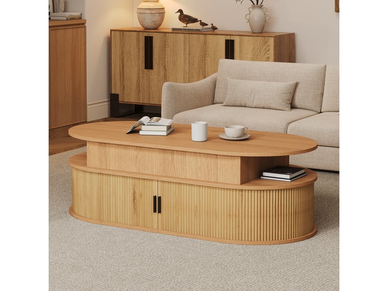  Table basse ovale relevable 100x50x40 cm coloris bois avec rangement  - Conforama D