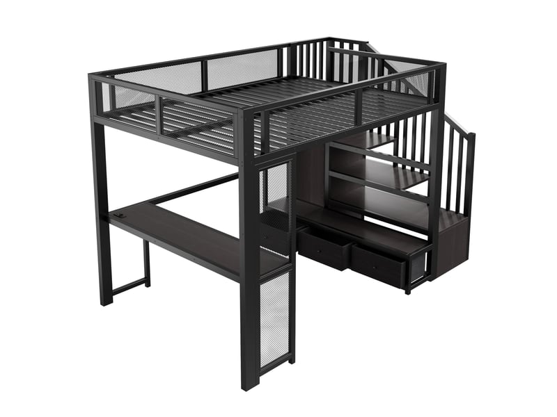 Lit mezzanine combiné enfant 140x200 cm avec escalier, rangement, usb, led, bureau, penderie ouverte, 3 tiroirs mdf métal noir sans matelas  - Conforama D