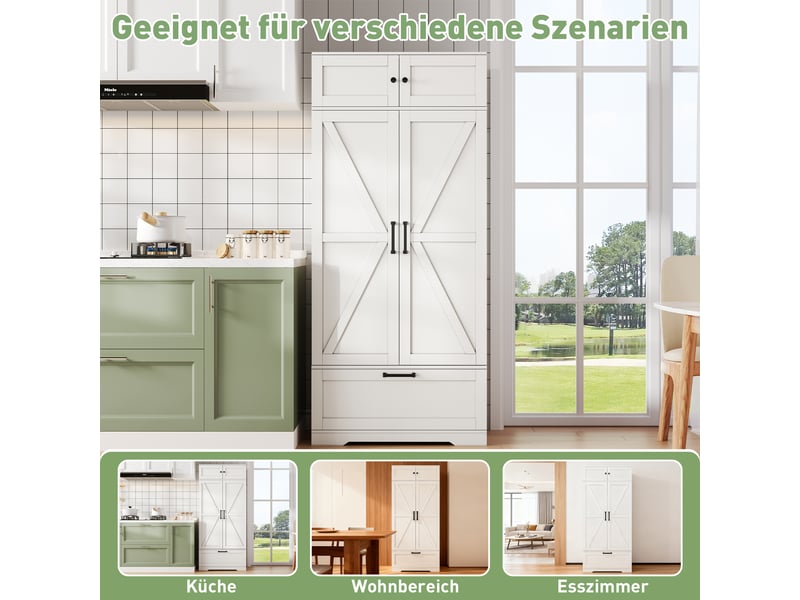 Buffet cuisine blanc mdf, meuble rangement industriel avec tiroirs et portes, étagères réglables pour salle à manger, 80x40x180 cm - Conforama R