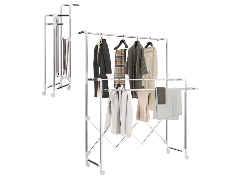 Séchoir à linge pliable d'intérieur, avec 3 barres réglables et 4 roues, 104-150 x 103 x 145-197 cm, argent  - Conforama A