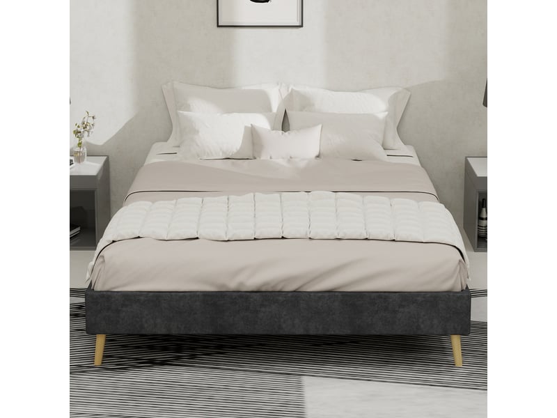  Cadre lit 140x200 cm minimaliste velours hollandais gris structure basse plateforme sans tête ni matelas  - Conforama D