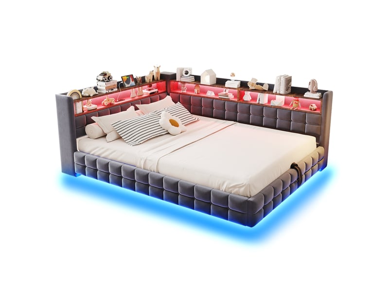  Lit coffre 140x200 cm 2 places avec tête de lit, rangement, led intégrée, prises usb et type-c, revêtement velours gris, sans matelas  - Conforama A