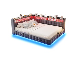 Lit coffre 140x200 cm 2 places avec tête de lit, rangement, led intégrée, prises usb et type-c, revêtement velours gris, sans matelas