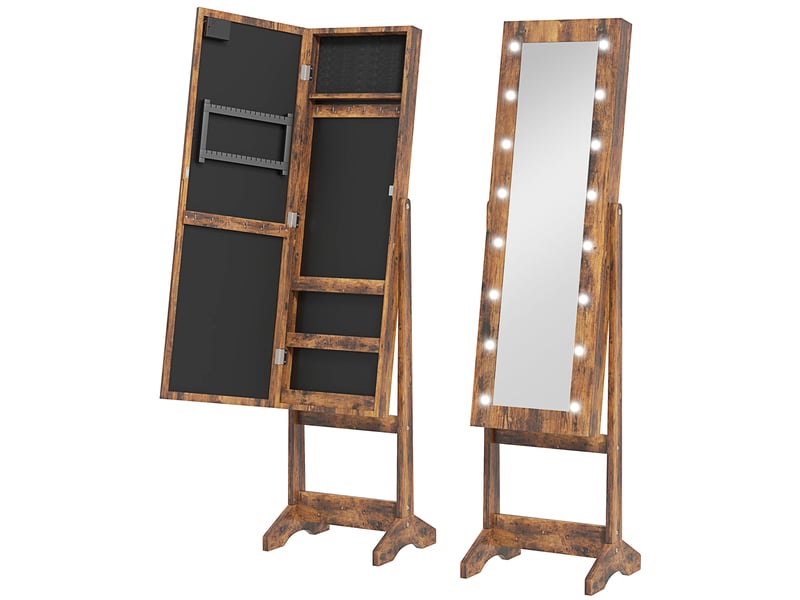 Armoire à bijoux armoire de rangement sur pieds boîte à bijoux avec miroir multi-rangements éclairage led brun rustique  - Conforama A