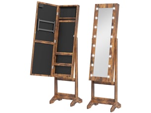 Armoire à bijoux armoire de rangement sur pieds boîte à bijoux avec miroir multi-rangements éclairage led brun rustique