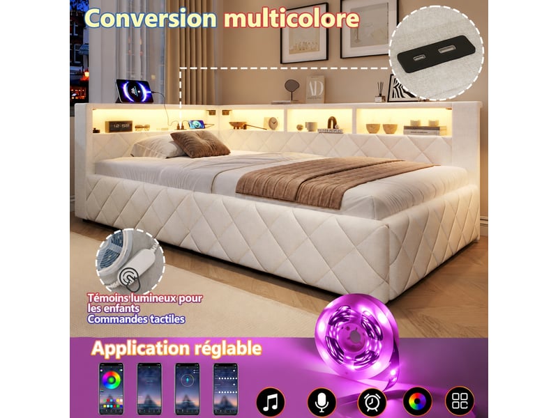 Lit 90 x 200 cm avec coffre de rangement, led, usb, lin beige, sans matelas - Conforama D