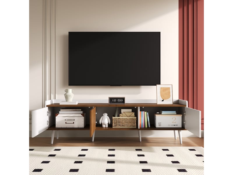 Meuble tv bas 3 portes 160x39x49.5 cm - conception simple - blanc et finition bois naturel - meuble tv moderne - Conforama E