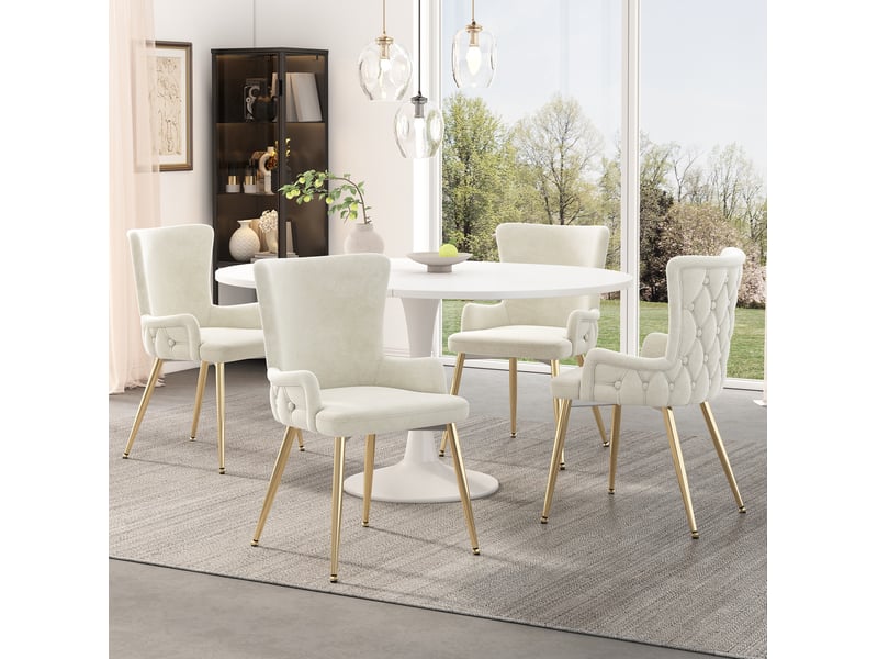  Chaise de salle à manger lot de 6 en velours avec accoudoirs et pieds métalliques dorés beige  - Conforama D