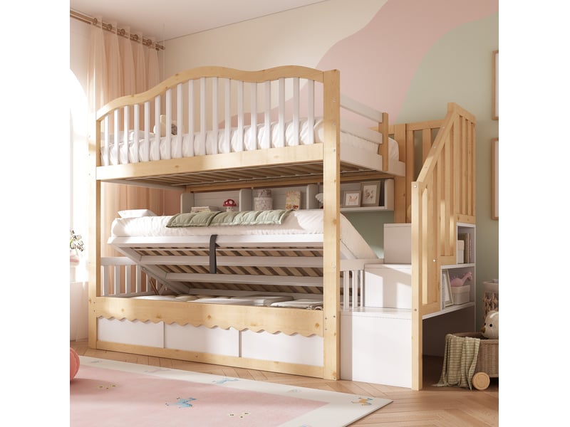  Lit superposé enfant 90 x 200 cm avec rangement hydraulique, blanc et chêne  - Conforama E