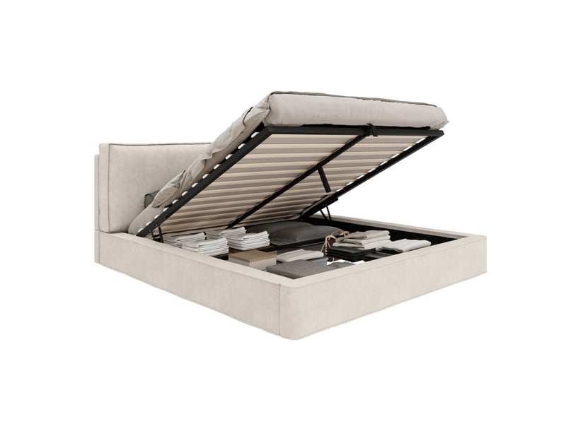 Lit double rembourré 180 x 200 cm avec rangement hydraulique et sommier à lattes, tissu chenille beige Fay Lum - Conforama A