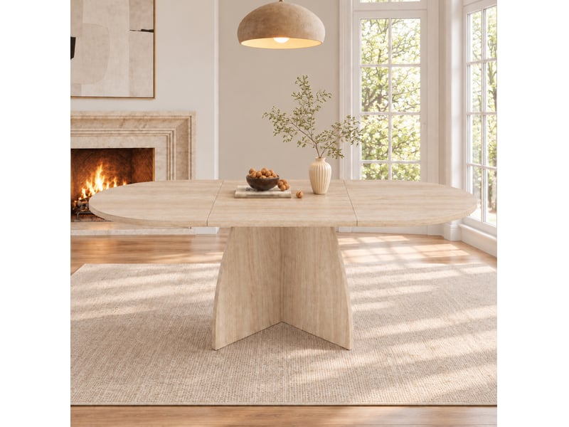  Table de salle à manger extensible pour 6 à 8 personnes avec rallonge centrale, plateau arrondi en mdf travertin  - Conforama C