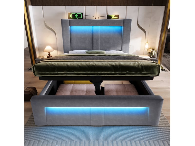  Modenvie lit coffre 90x200 cm - avec led, ports usb-c et tête de lit galbée, matelas inclus - gris  - Conforama D