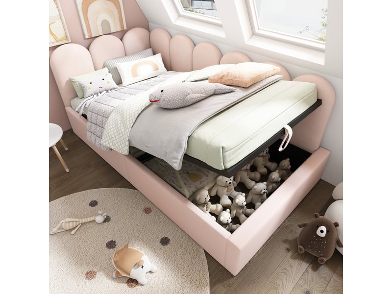 Lit banquette enfant coffre hydraulique 90x190 cm en velours rose - Conforama B