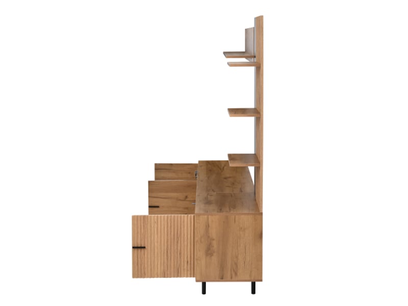  Meuble tv mural bois noir 187,5×40×167 cm – vitrine, 3 armoires, étagères ouvertes, jusqu’à 80 pouces  - Conforama E