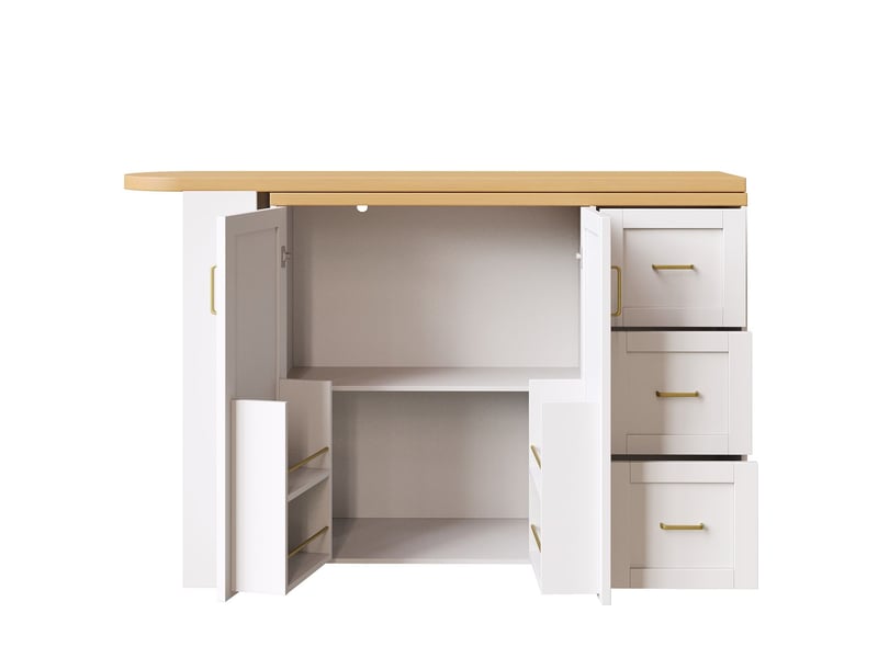  Table 135-228 x 39 x 104 cm 135- chariot de bar extensible 2 portes 3 tiroirs montée sur roulettes coloris blanc et noir plateau aspect bois fonction de bar  - Conforama C