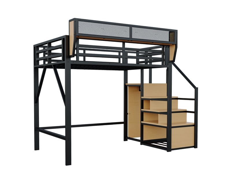  Lit mezzanine 140x200 cm noir en métal avec échelle de sécurité et rangement modulable  - Conforama A