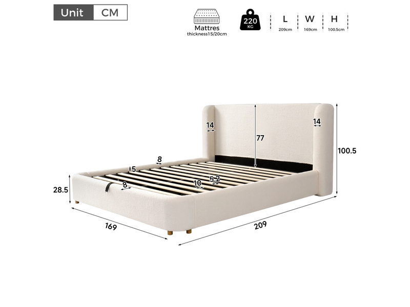 Lit double coffre hydraulique 140x190 cm, sommier à lattes, tête de lit rembourrée, bouclette métal, beige sans matelas - Conforama C