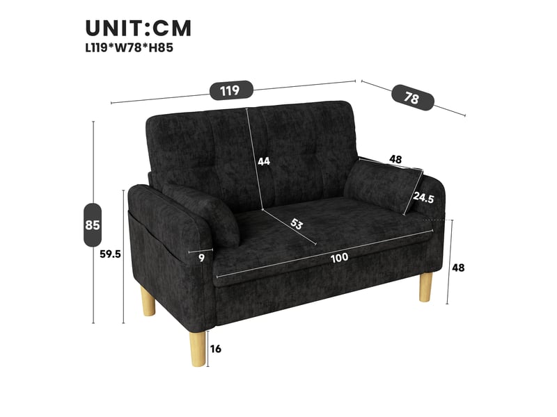 Canapé 2 places en chenille avec coussins épais, 2 coussins décoratifs et poche de rangement latérale, modèle compact et confortable pour salon, chambre ou petit appartement - gris OPULERANE TRADING LTD - Conforama D