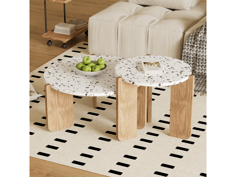  Ensemble de tables bassse modernes 2 pièces, tables gigognes rondes pour salon - structure en mdf solide - blanc + bois - 70x70x35 + 50x50x45,5 cm  - Conforama D
