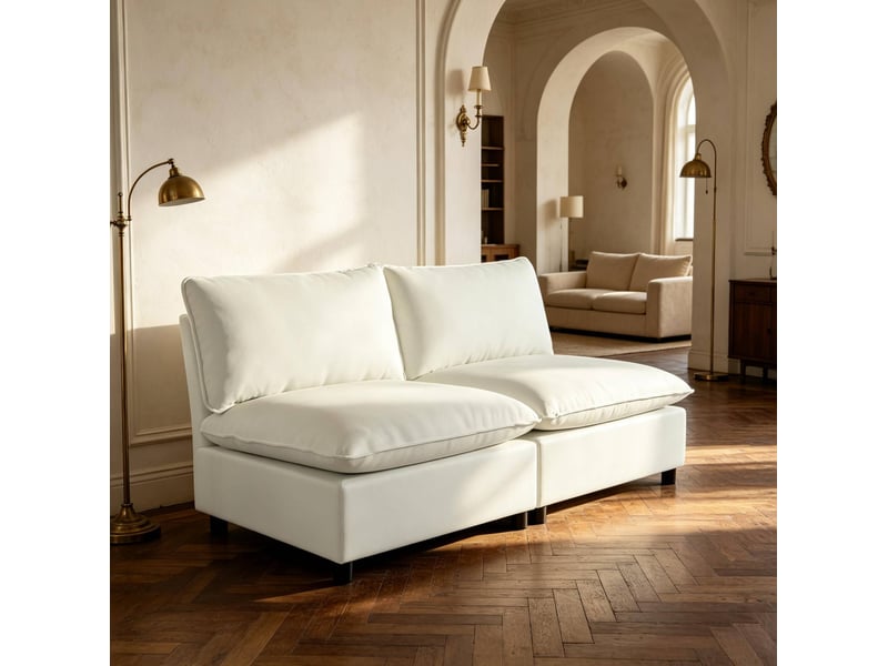 Canapé droit 2 places sans accoudoirs avec assise spacieuse et coussins épais en tissu crème 146 × 85 × 78 cm - Conforama B
