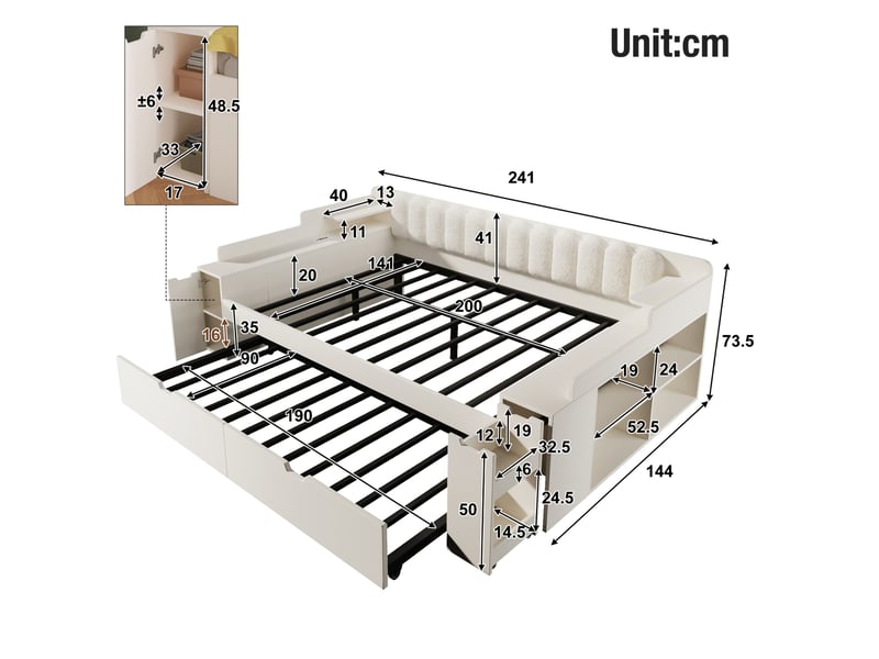  Lit gigogne 2 places 140x200 cm avec rangement, pour chambre, en mdf et en métal, design moderne, blanc, sans matelas  - Conforama C