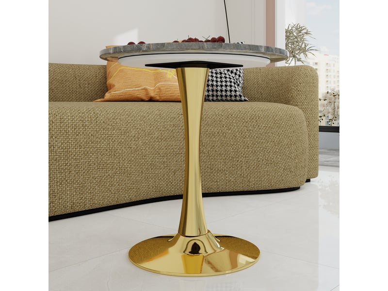  Table basse ronde avec plateau effet marbre, pieds hauts et style moderne, pour salon et salle à manger, doré et griis  - Conforama C